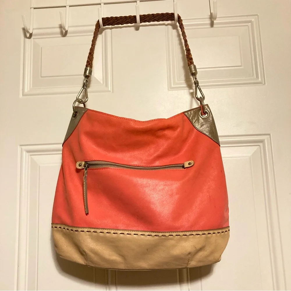 The Sak Indio Coral Beige Gold Soft Leather Hobo Shoulder Bag 12 x 7.5 inches